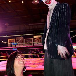 Los Angeles Derby Dolls’ Brandi Iron with Brady Spindel of Cirque Berzerk at TwentyWonder 2014. Photo by Eric James Wood.